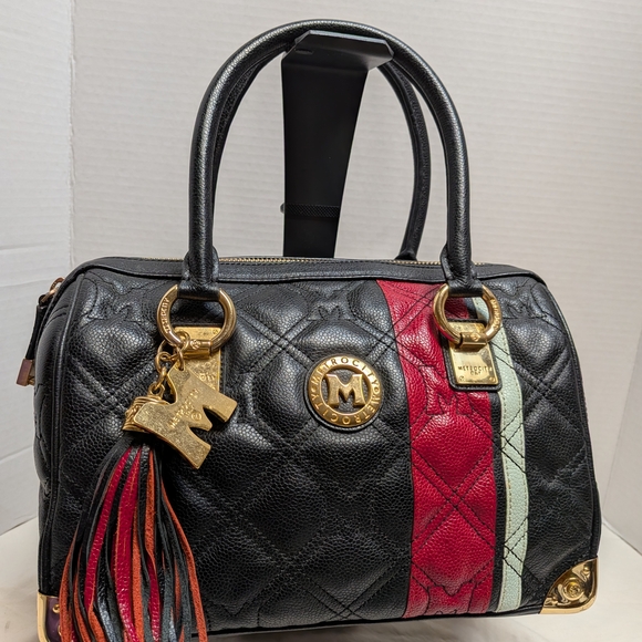 Metrocity Handbags - M-Brand Black Quilted Satchel with Red and Mint Stripe